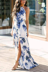 Ärmelloses Maxikleid mit Blumendruck und Schlitz